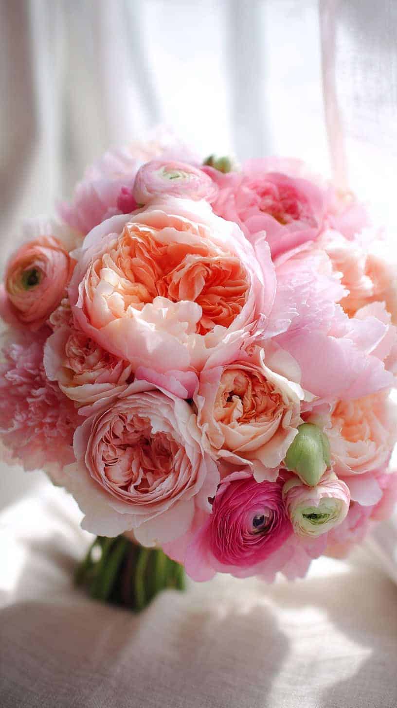 A bouquet of pink and peach peonies and roses with soft lighting.