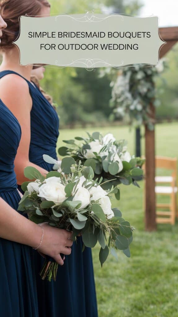 Bridesmaids in navy dresses holding white and green bouquets at an outdoor wedding.