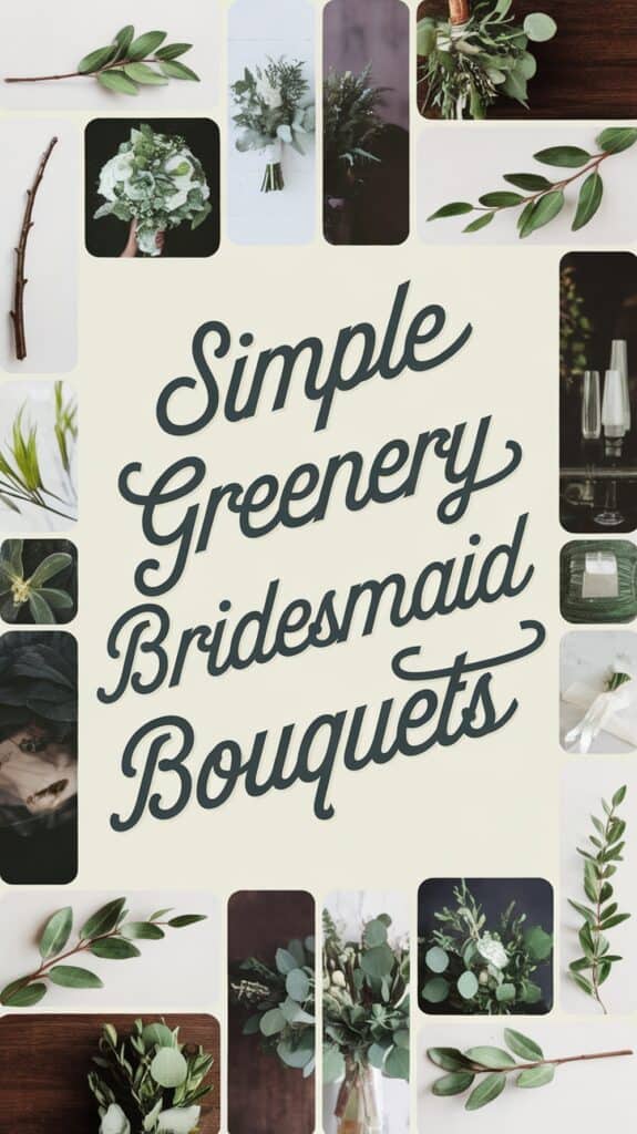 Collage of simple greenery bridesmaid bouquets with various leaves and a central text reading "Simple Greenery Bridesmaid Bouquets."