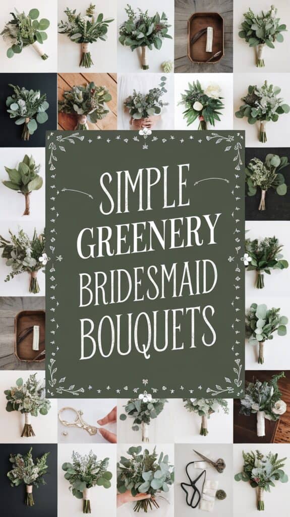 Collage of simple greenery bridesmaid bouquets with various arrangements and a center text reading "Simple Greenery Bridesmaid Bouquets."