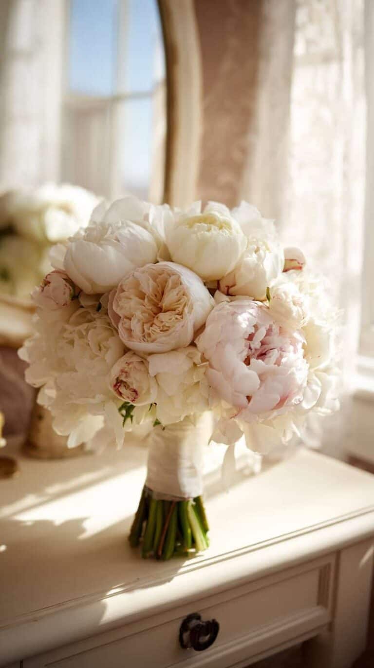 A bouquet of white and blush pink peonies rests on a light-colored table with a vintage mirror in the background.