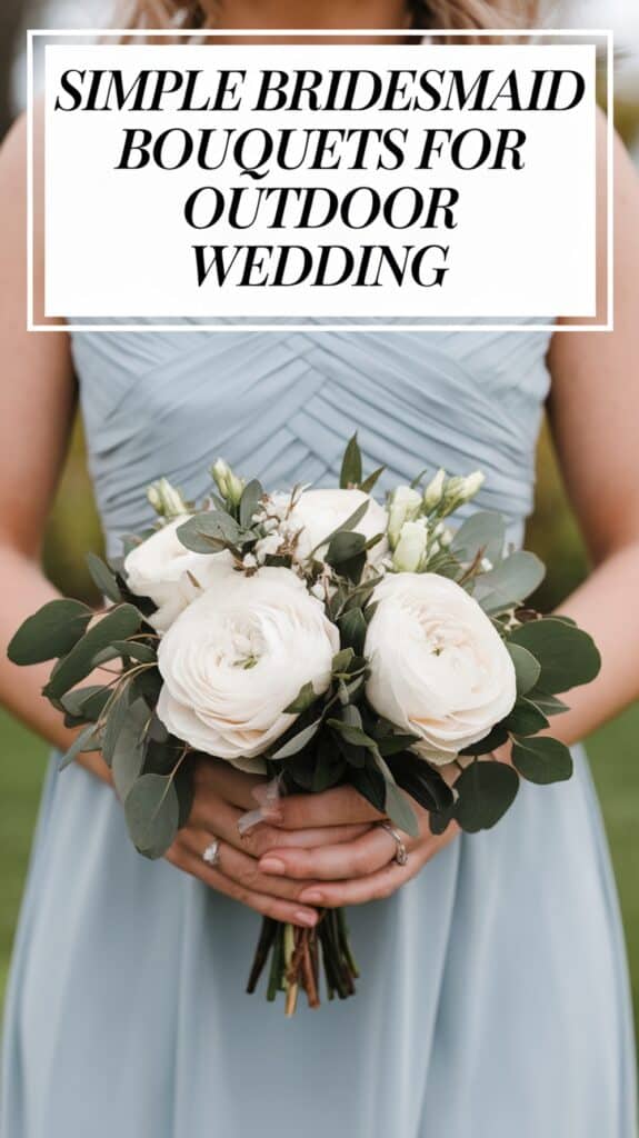 A person in a light blue dress holding a bouquet of white flowers with greenery, text reads "Simple Bridesmaid Bouquets for Outdoor Wedding."