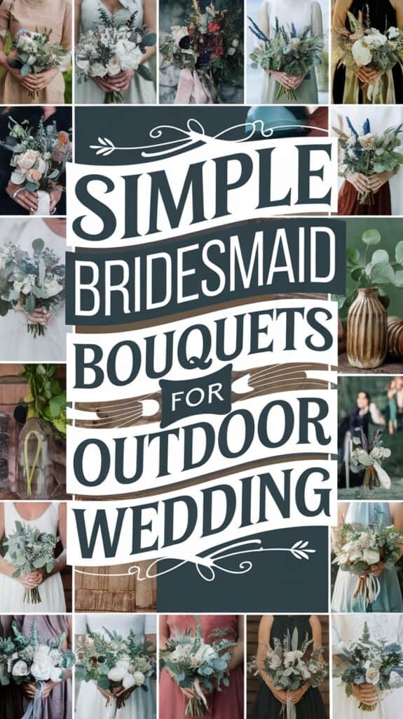 Collage of bridesmaids holding bouquets with text: "Simple Bridesmaid Bouquets for Outdoor Wedding."