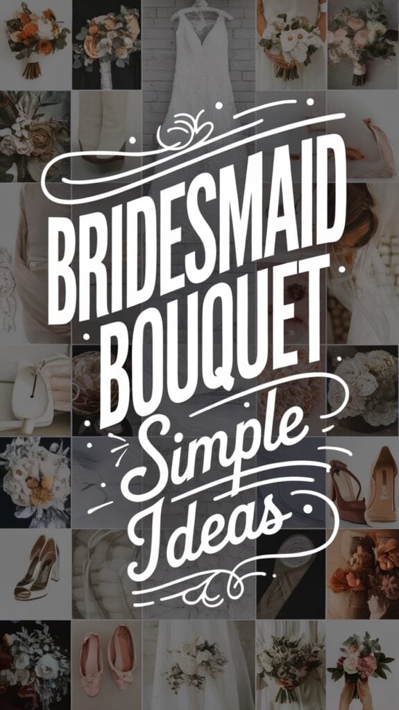 Collage of bridesmaid bouquets and wedding accessories with "Bridesmaid Bouquet Simple Ideas" text in the center.