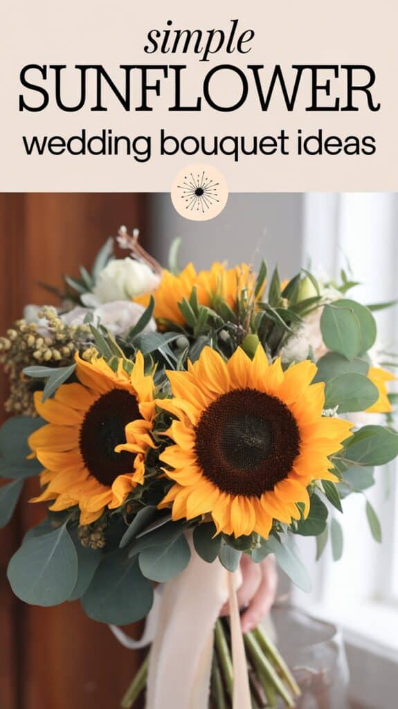 A hand holds a bouquet of sunflowers mixed with greenery, under text reading "Simple Sunflower Wedding Bouquet Ideas."