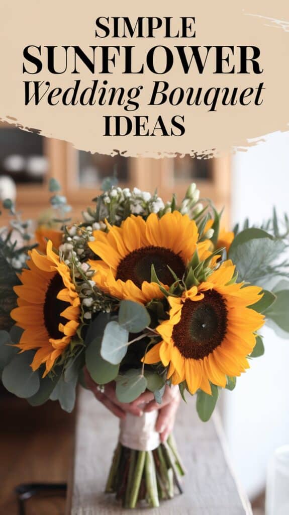 A bouquet of sunflowers and greenery is held indoors, with text reading "Simple Sunflower Wedding Bouquet Ideas."