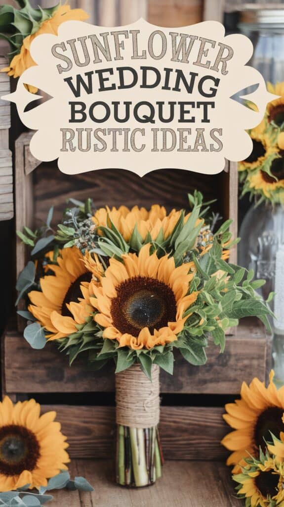 A bouquet of sunflowers with a ribbon, set against a rustic wooden backdrop, with the text "Sunflower Wedding Bouquet Rustic Ideas."