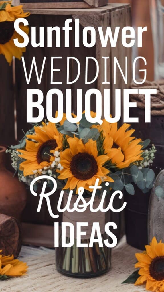 A sunflower bouquet in a rustic setting with the text "Sunflower Wedding Bouquet Rustic Ideas."