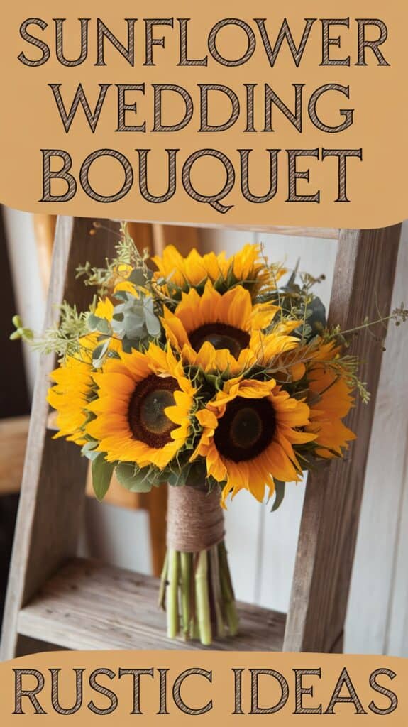 A sunflower wedding bouquet wrapped with twine, set against a rustic wooden ladder, with the words "Sunflower Wedding Bouquet Rustic Ideas."