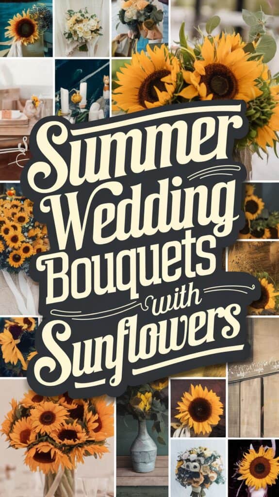 Collage of sunflower-themed wedding bouquets with text: "Summer Wedding Bouquets with Sunflowers."