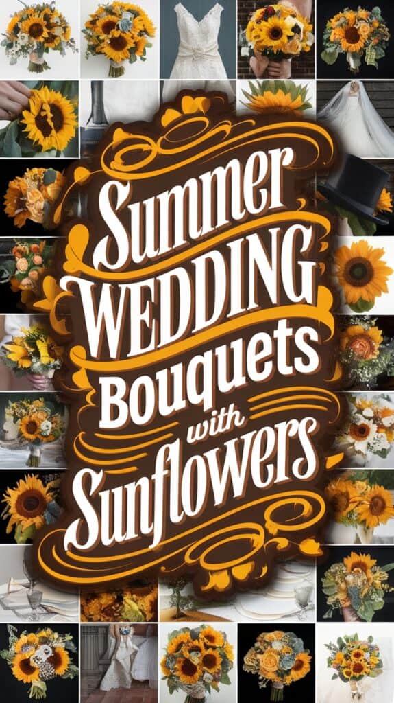 Collage of wedding bouquets with sunflowers and the text "Summer Wedding Bouquets with Sunflowers."