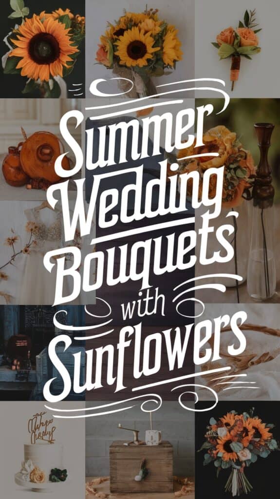 Collage of summer wedding bouquets featuring sunflowers with decorative text overlay.