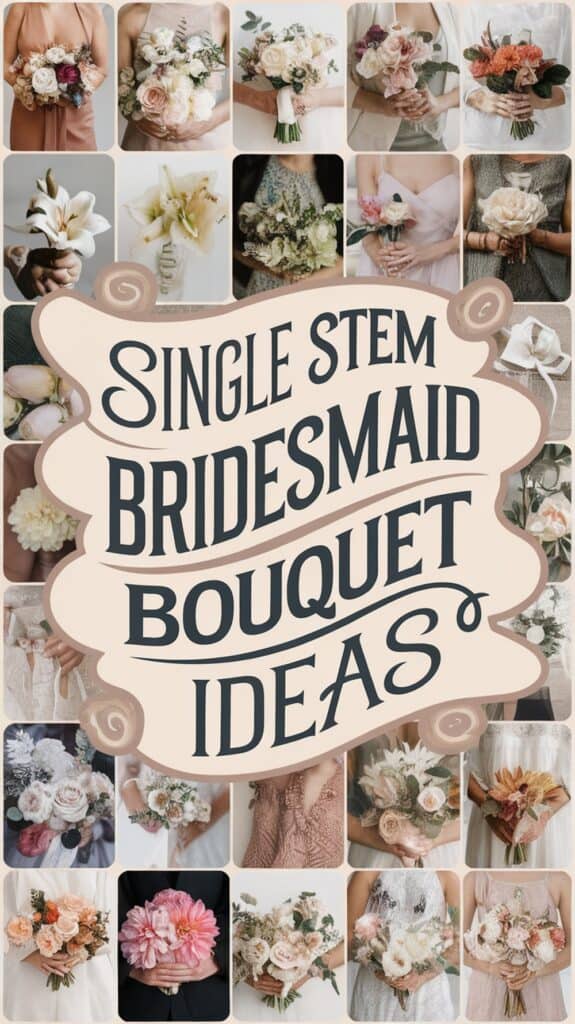 Collage of various single stem bridesmaid bouquet ideas with decorative text overlay in the center.