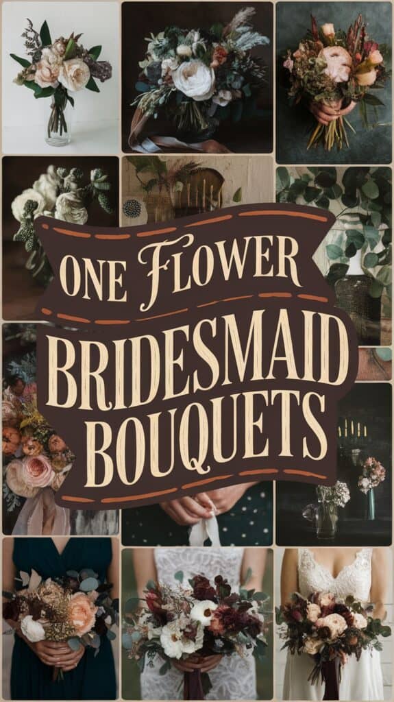 Collage of various bridesmaid bouquets with a central text reading "One Flower Bridesmaid Bouquets" in ornate lettering.