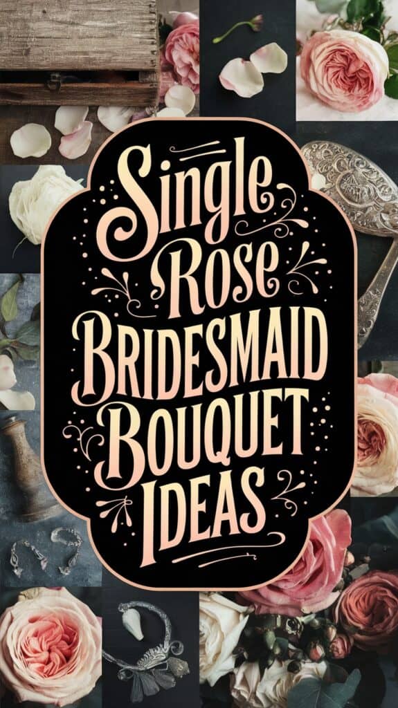 Text reads "Single Rose Bridesmaid Bouquet Ideas" surrounded by images of roses and vintage bridal accessories.