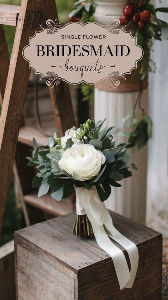 A white rose bouquet with greenery, tied with a ribbon, on a wooden box with decorative text about bridesmaid bouquets.