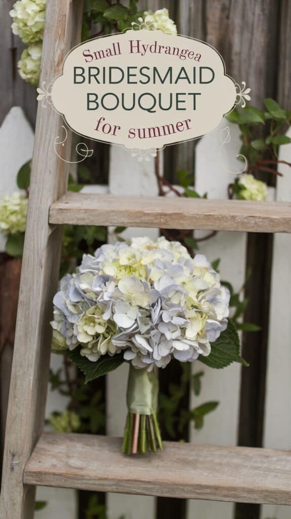 A bouquet of pale blue and white hydrangeas leaning against a rustic wooden ladder with text about bridesmaid bouquets for summer.