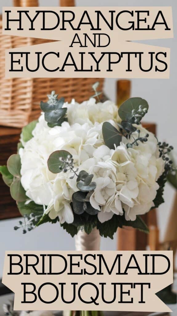 A bouquet of white hydrangeas mixed with eucalyptus leaves, labeled "Bridesmaid Bouquet."