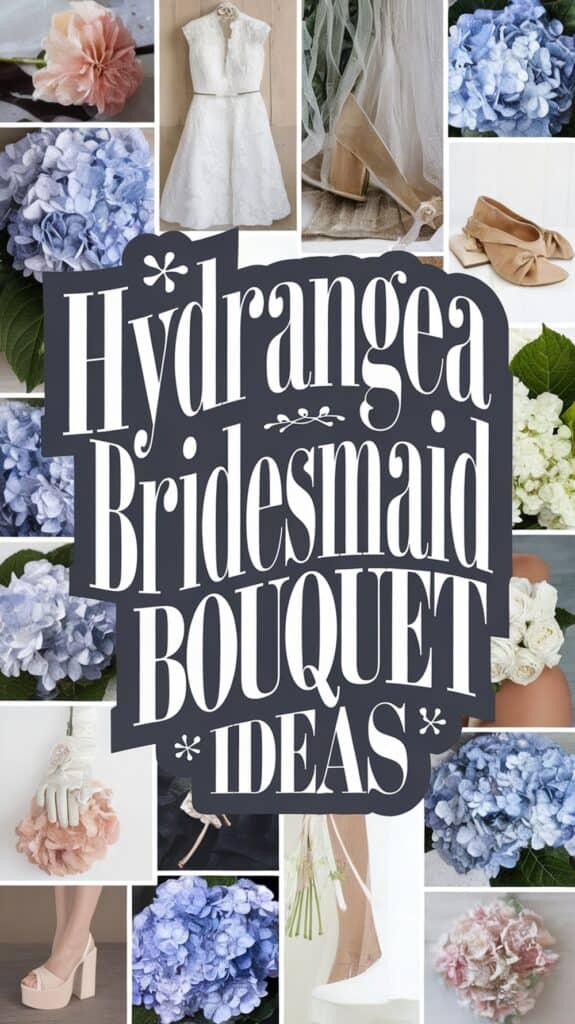Collage of various hydrangea bridesmaid bouquet ideas with different floral arrangements and bridal accessories.