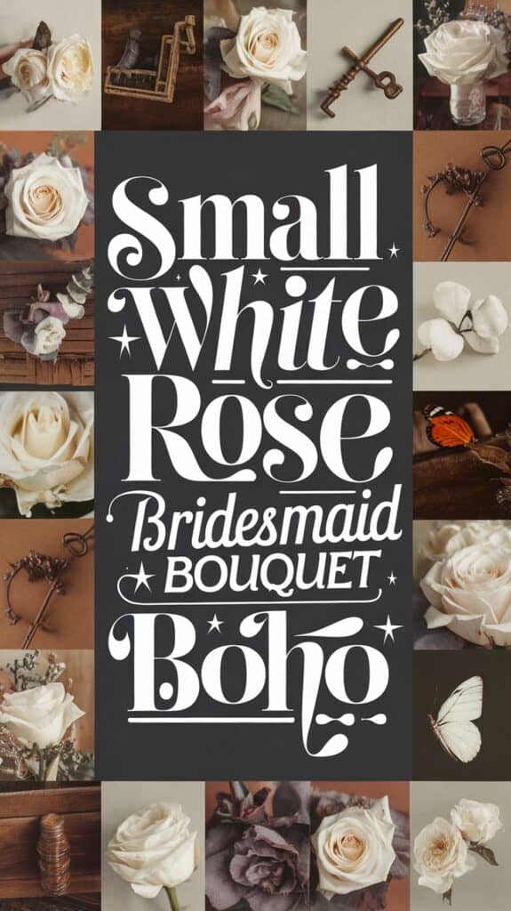Collage of small white roses with vintage elements and text reading "Small White Rose Bridesmaid Bouquet Boho."