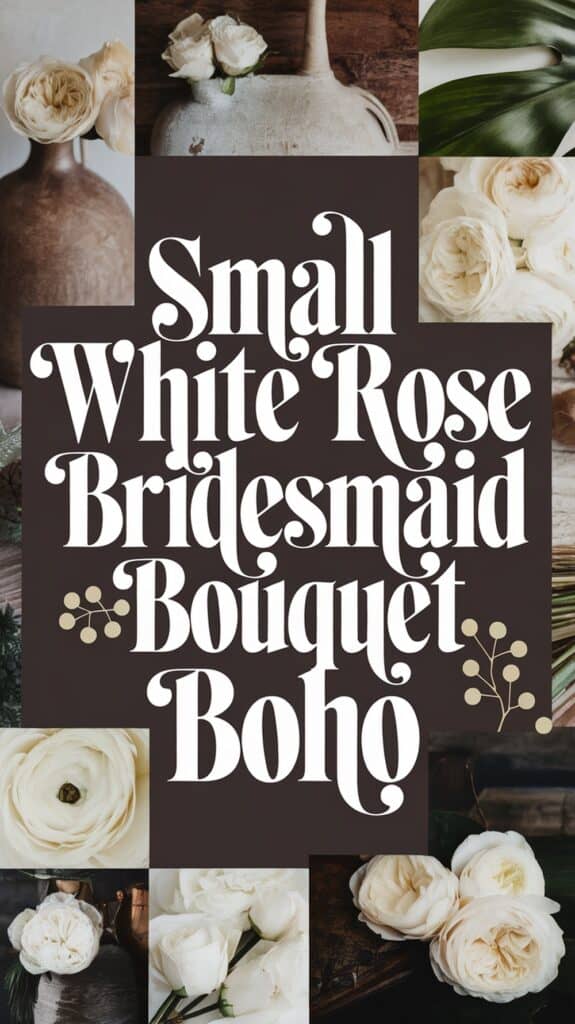 Collage of small white rose arrangements with text "Small White Rose Bridesmaid Bouquet Boho" in the center.