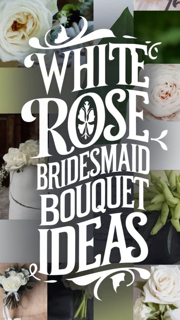 The image features a collage of white roses and bridal bouquets with prominent text: "White Rose Bridesmaid Bouquet Ideas."
