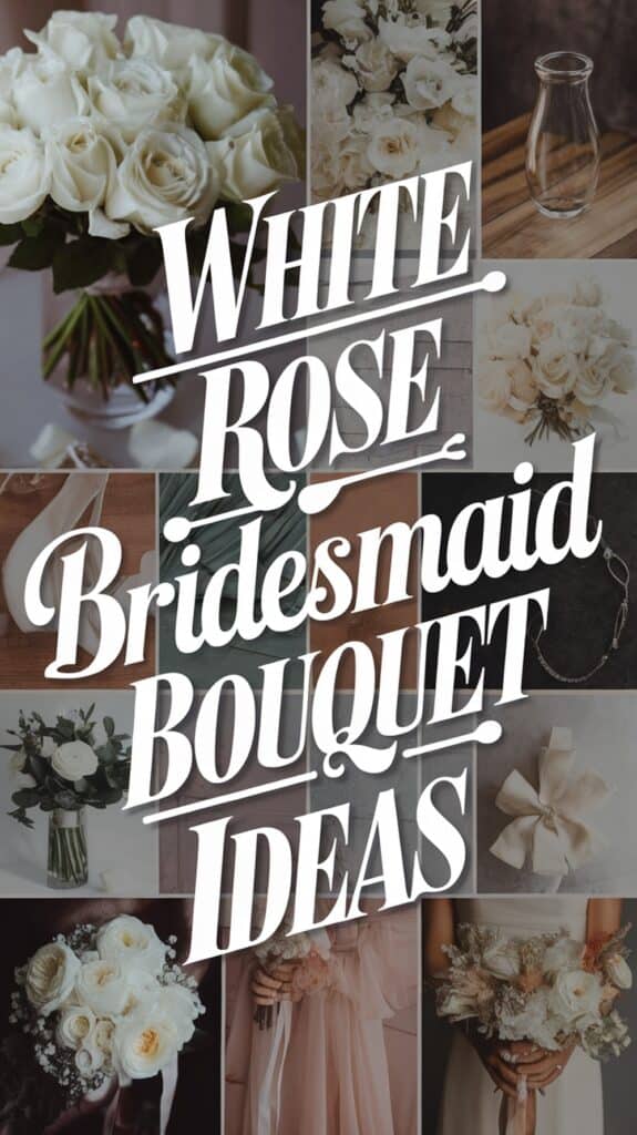 Collage of white rose bouquets with the text "White Rose Bridesmaid Bouquet Ideas" overlaid.