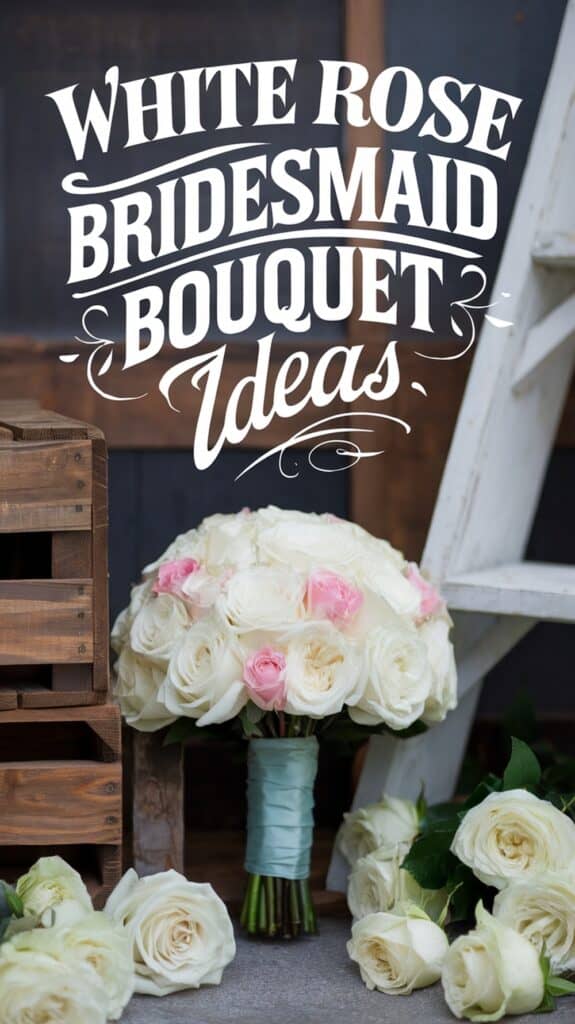 White rose bridal bouquet with pink accents, surrounded by wooden crates and a ladder, text reads "White Rose Bridesmaid Bouquet Ideas."