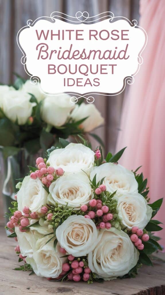 A bouquet of white roses accented with pink berries and greenery, with text reading "White Rose Bridesmaid Bouquet Ideas."