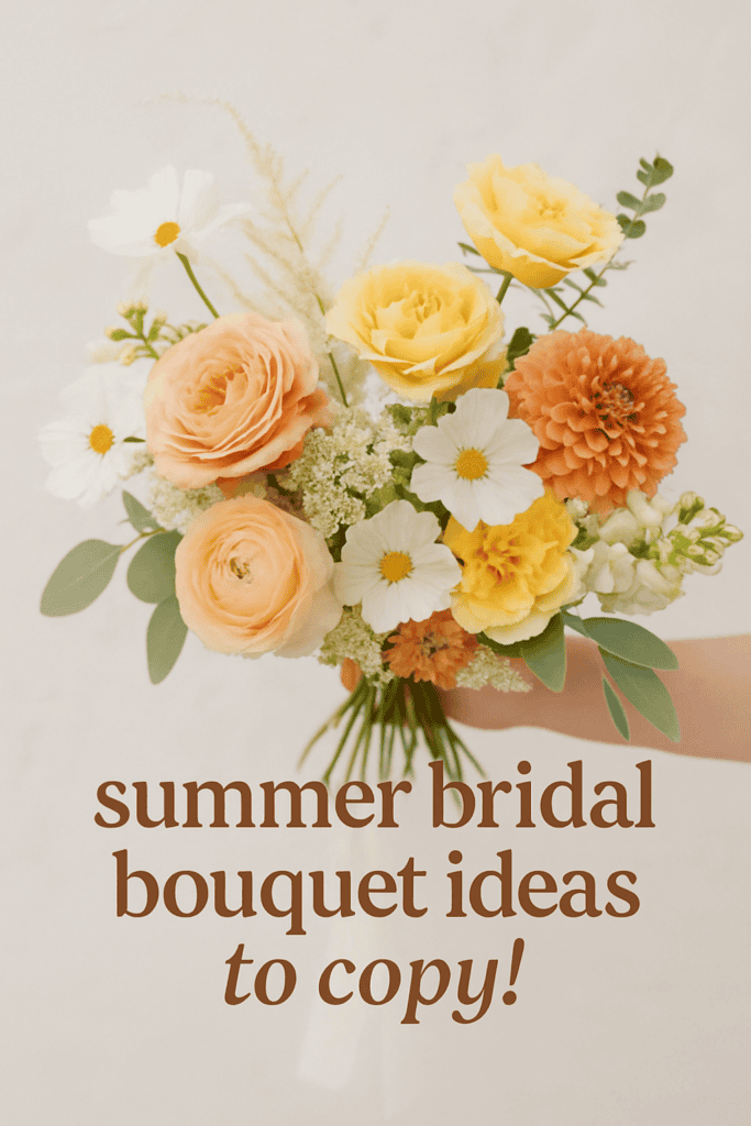 A hand holds a bouquet of yellow, orange, and white flowers. Text reads, "summer bridal bouquet ideas to copy!"