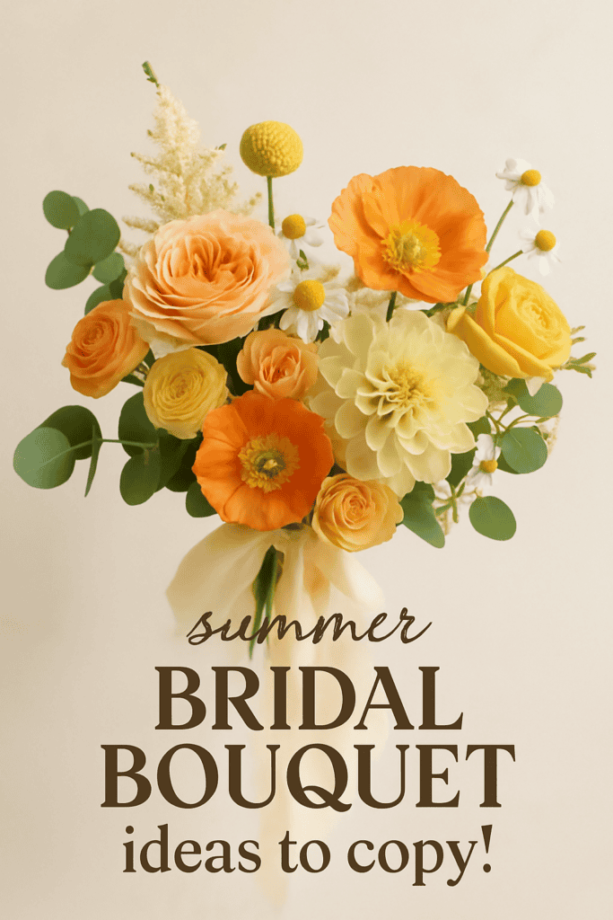 A vibrant bridal bouquet with orange, yellow, and cream flowers, accompanied by the text "Summer Bridal Bouquet Ideas to Copy!"