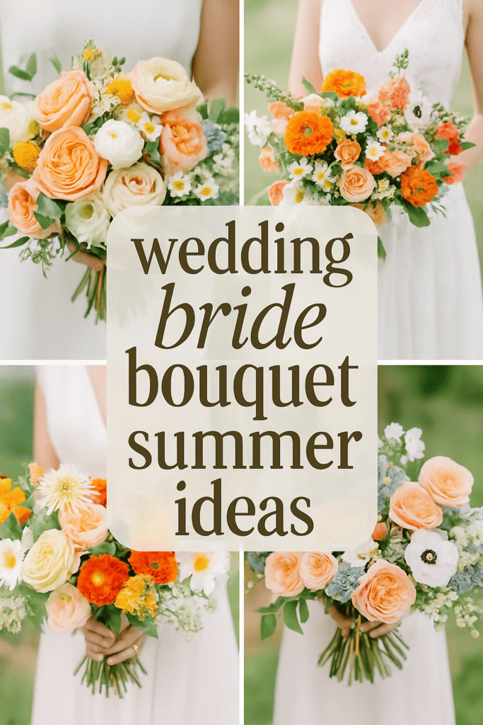 Four different bridal bouquets featuring vibrant summer flowers in orange, yellow, and white shades.
