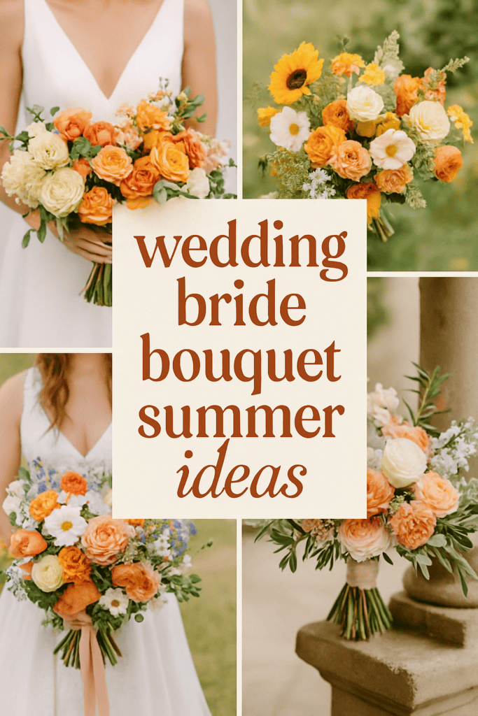 Collage of bridal bouquets featuring sunflowers and roses in vibrant summer colors, with text: "wedding bride bouquet summer ideas."