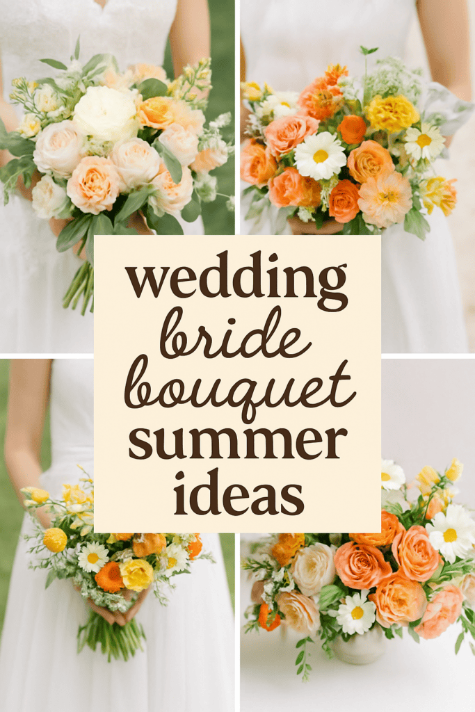 Four bridal bouquets featuring roses, daisies, and greenery with "wedding bride bouquet summer ideas" text in the center.