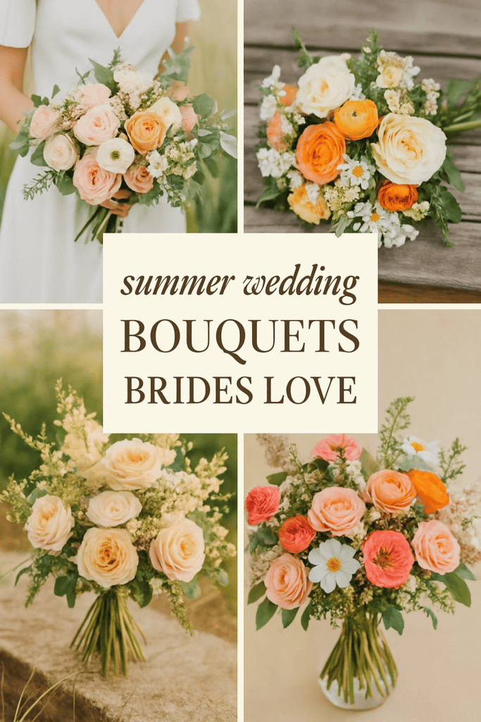 Four bridal bouquets with roses and assorted flowers in white, peach, and orange hues, with the text "Summer Wedding Bouquets Brides Love."