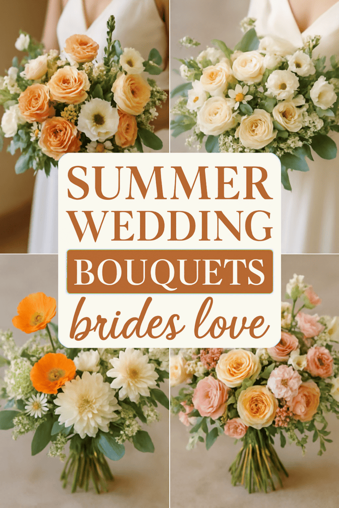 Four bridal bouquets with roses, peonies, and daisies in orange, peach, and white tones, labeled "Summer Wedding Bouquets Brides Love."