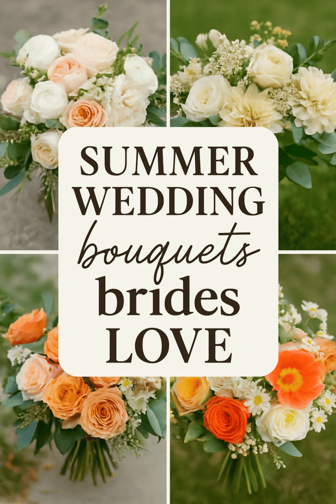 Collage of summer wedding bouquets with roses and peonies in peach and cream shades, surrounding the text: "Summer wedding bouquets brides love."
