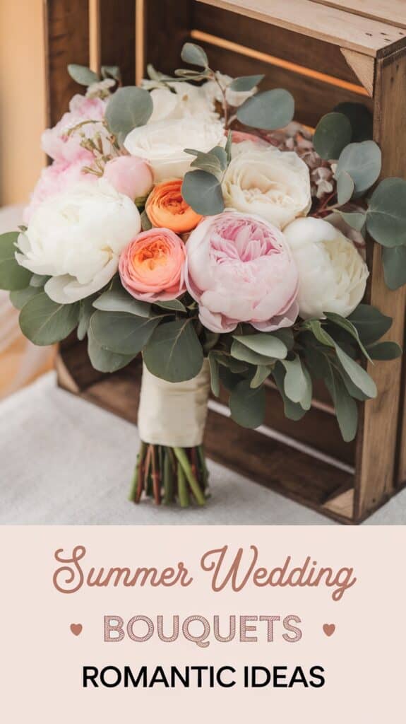 A bouquet of pastel flowers with greenery is placed against a wooden crate, with text: "Summer Wedding Bouquets: Romantic Ideas."