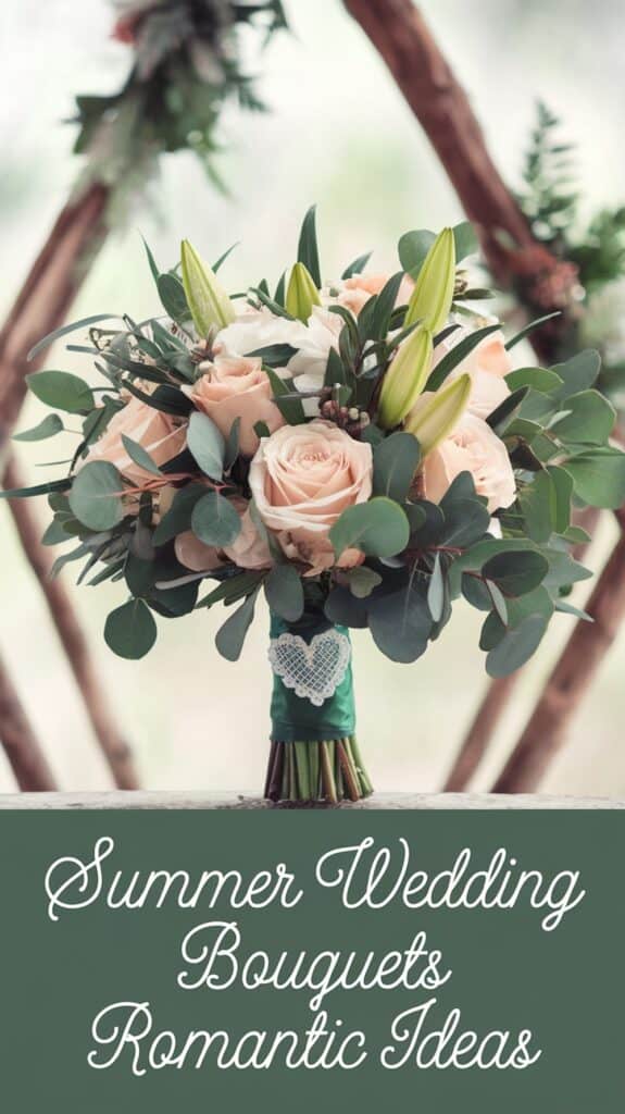 A bouquet of pink roses and greenery with text "Summer Wedding Bouquets Romantic Ideas" below.