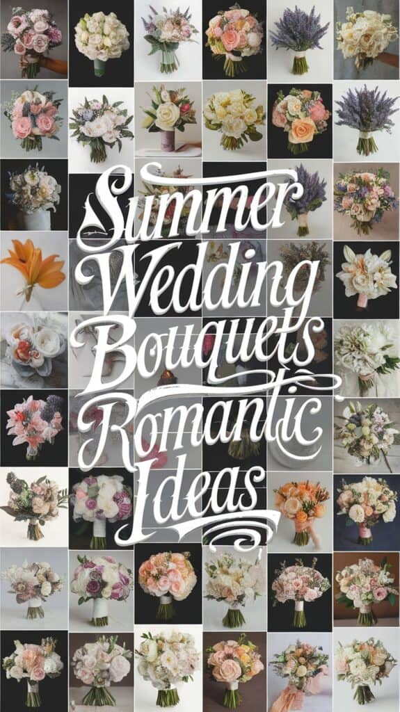 Collage of various wedding bouquets with a central overlay text reading "Summer Wedding Bouquets Romantic Ideas."