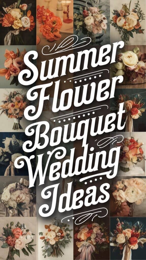 Various floral bouquets with text overlay: "Summer Flower Bouquet Wedding Ideas".