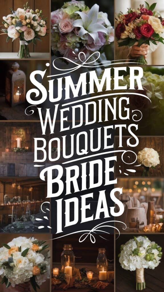 A collage of summer wedding bouquets and decor with the text "Summer Wedding Bouquets Bride Ideas" in the center.