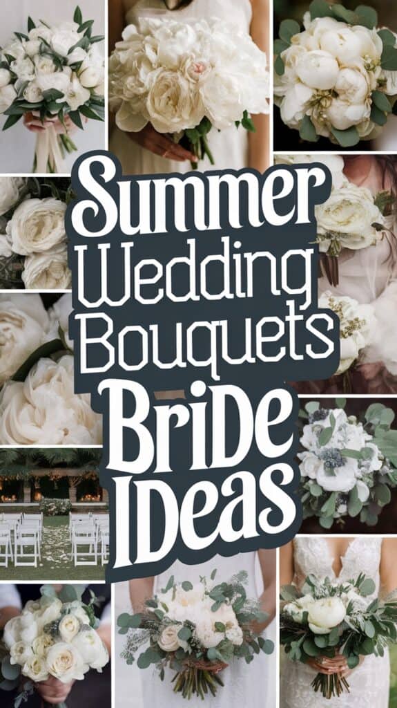 Collage of white bridal bouquets with text: "Summer Wedding Bouquets Bride Ideas."