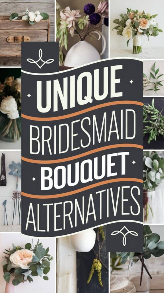 Collage of diverse bridesmaid bouquet alternatives with bold central text proclaiming "Unique Bridesmaid Bouquet Alternatives."