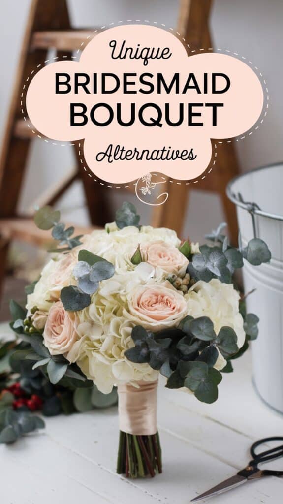 A bouquet of white and pink roses with eucalyptus, next to a metal bucket and scissors, with "Unique Bridesmaid Bouquet Alternatives" text above.