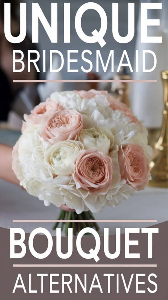A bouquet of peach and white flowers with the text "Unique Bridesmaid Bouquet Alternatives."
