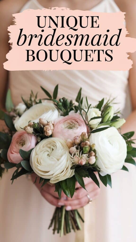 A person holding a bouquet of white and light pink roses with greenery, under text reading "Unique bridesmaid bouquets."