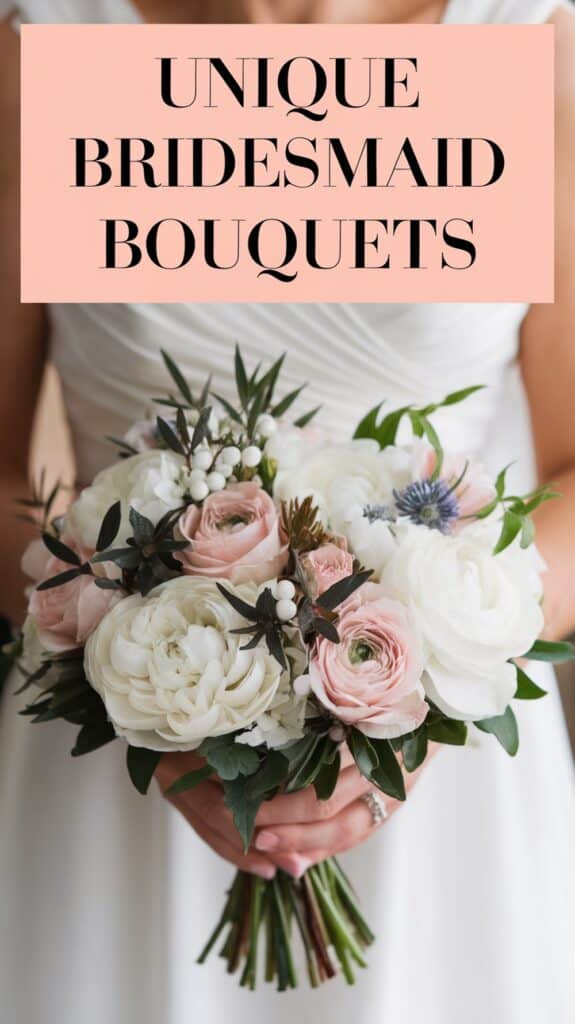A bridesmaid holding a bouquet of white and pink flowers with greenery, accompanied by the text "Unique Bridesmaid Bouquets."