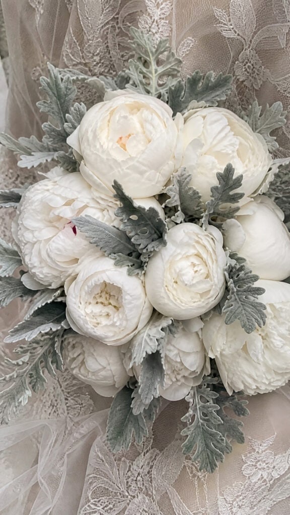 White Peonies with Dusty Miller Texture