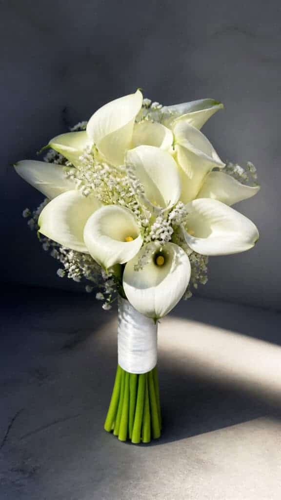 Elegant White Calla Lilies With Baby Breath